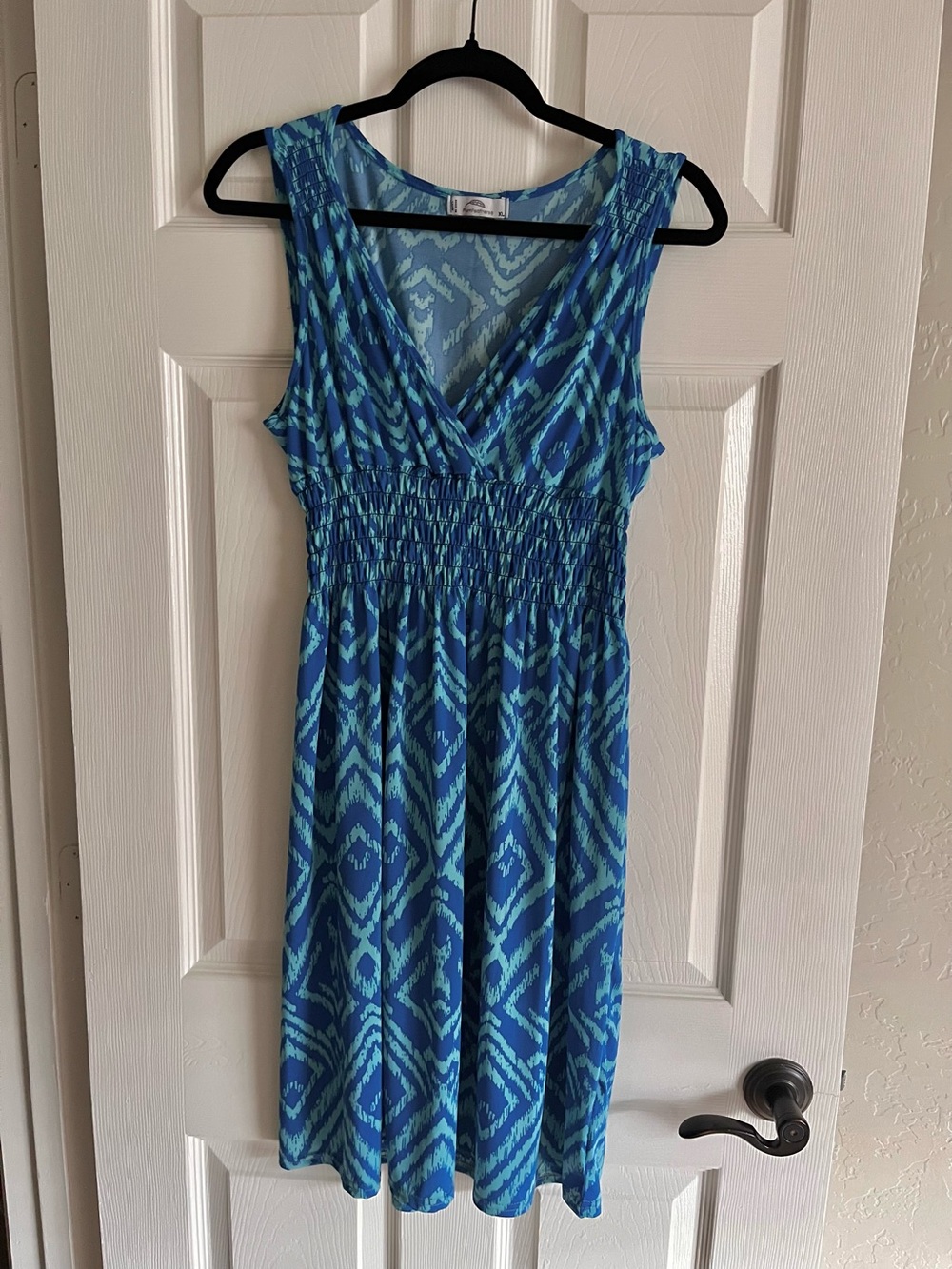 Teal Blue Geometric Pattern Stretch Dress-Sz XL-V-Neck Midi Dress
